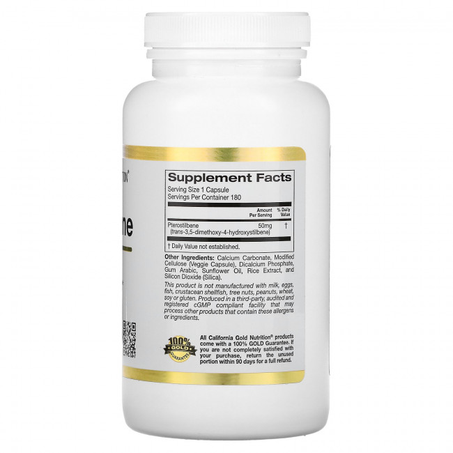 California Gold Nutrition, птеростильбен, 50 мг, 180 растительных капсул California Gold Nutrition, птеростильбен, 50 мг, 180 растительных капсул