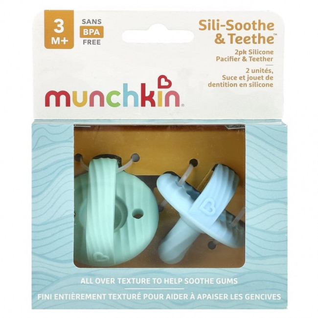 Munchkin, Sili-Soothe & Teethe ™, силиконовая соска и прорезыватель, от 3 месяцев, голубой и светло-зеленый, 2 шт. Munchkin, Sili-Soothe & Teethe ™, силиконовая соска и прорезыватель, от 3 месяцев, голубой и светло-зеленый, 2 шт.