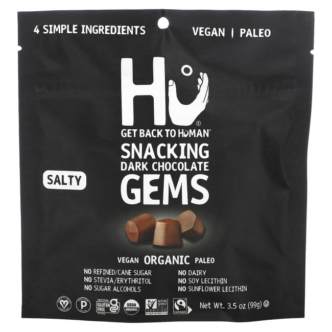 Hu, Snacking Gems, темный соленый шоколад, 99 г (3,5 унции) Hu, Snacking Gems, темный соленый шоколад, 99 г (3,5 унции)