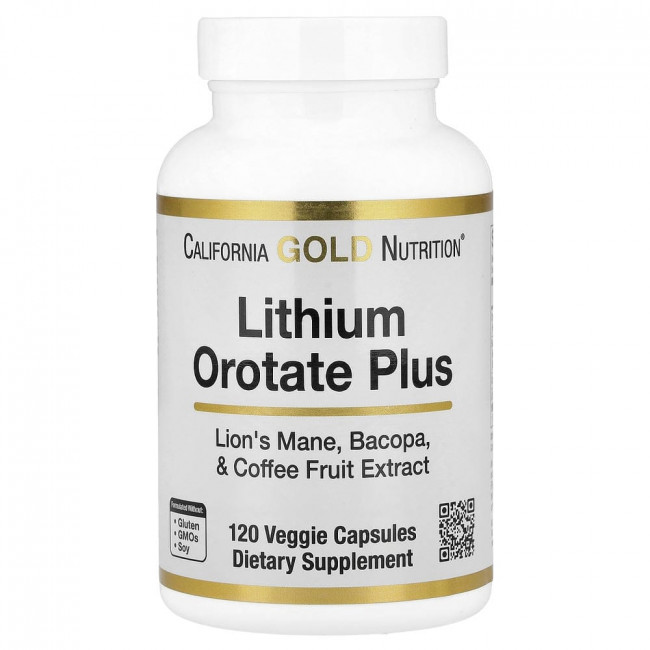 California Gold Nutrition, оротат лития плюс экстракт львиной гривы, бакопы и плодов кофе, 120 вегетарианских капсул.