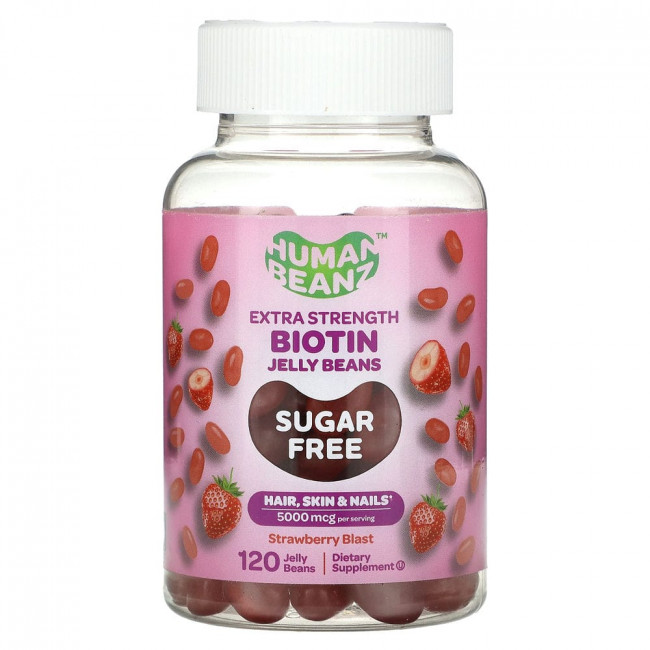 Human Beanz, Biotin Jelly Beans, Extra Strength , Sugar Free, Strawberry Blast, 5,000 mcg, 120 Jelly Beans (2,500 mcg per Jelly Bean)