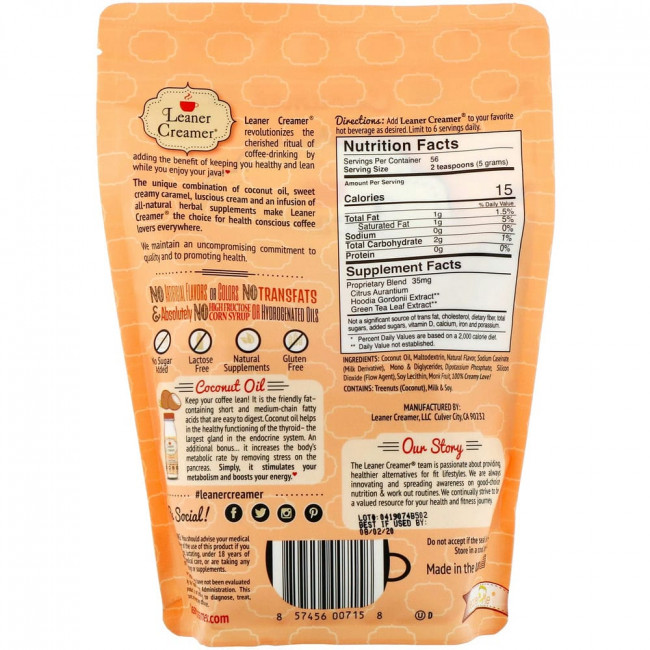 Leaner Creamer, сливки из кокосового масла, карамель, 280 г (9,87 унции) Leaner Creamer, сливки из кокосового масла, карамель, 280 г (9,87 унции)