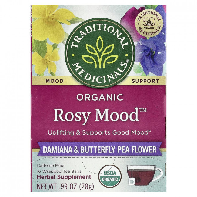 Traditional Medicinals, Organic Rosy Mood™, Damiana & Butterfly Pea Flower, Caffeine Free, 16 Wrapped Tea Packages, 0.99 oz (28 g) Traditional Medicinals, Organic Rosy Mood™, Damiana & Butterfly Pea Flower, Caffeine Free, 16 Wrapped Tea Packages, 0.99 oz (28 g)