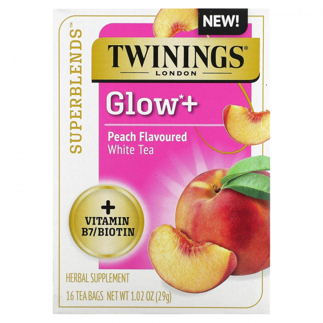 Twinings, Superblends, Glow +, белый чай, персик, 16 чайных пакетиков, 29 г (1,02 унции) Twinings, Superblends, Glow +, белый чай, персик, 16 чайных пакетиков, 29 г (1,02 унции)