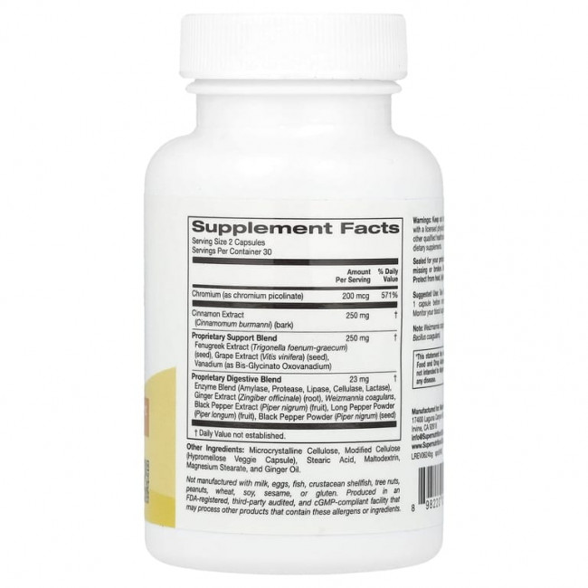 Super Nutrition, добавка для поддержки уровня глюкозы в крови, с пиколинатом хрома, экстрактами корицы, пажитника и винограда, 60 вегетарианских капсул Super Nutrition, добавка для поддержки уровня глюкозы в крови, с пиколинатом хрома, экстрактами корицы, пажитника и винограда, 60 вегетарианских капсул