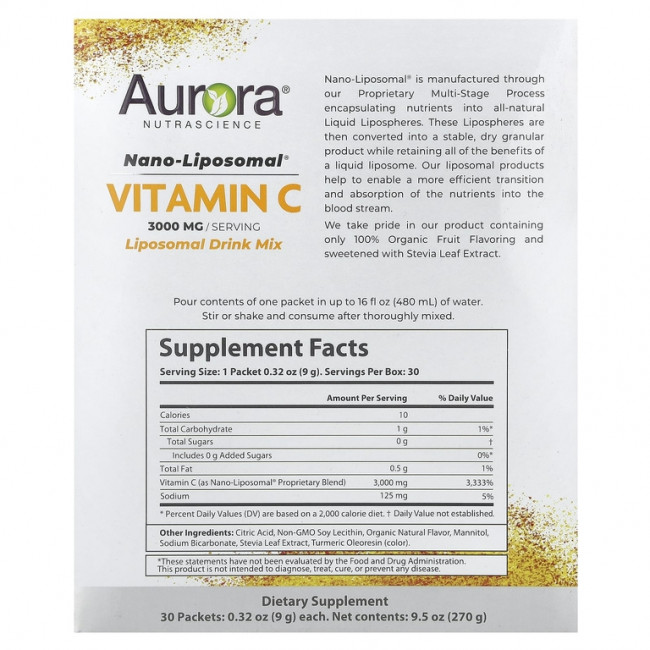 Aurora Nutrascience, Nano-Liposomal®, витамин C, 3000 мг, 30 пакетиков по 9 г (0,32 унции) Aurora Nutrascience, Nano-Liposomal®, витамин C, 3000 мг, 30 пакетиков по 9 г (0,32 унции)