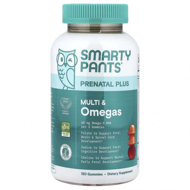 SmartyPants, Prenatal Plus, жевательные мультивитамины и омега, со вкусом апельсина и клубники, 120 жевательных таблеток SmartyPants, Prenatal Plus, жевательные мультивитамины и омега, со вкусом апельсина и клубники, 120 жевательных таблеток