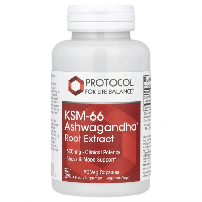Protocol for Life Balance, KSM-66 экстракт корня ашваганды®, 600 мг, 90 растительных капсул Protocol for Life Balance, KSM-66 экстракт корня ашваганды®, 600 мг, 90 растительных капсул