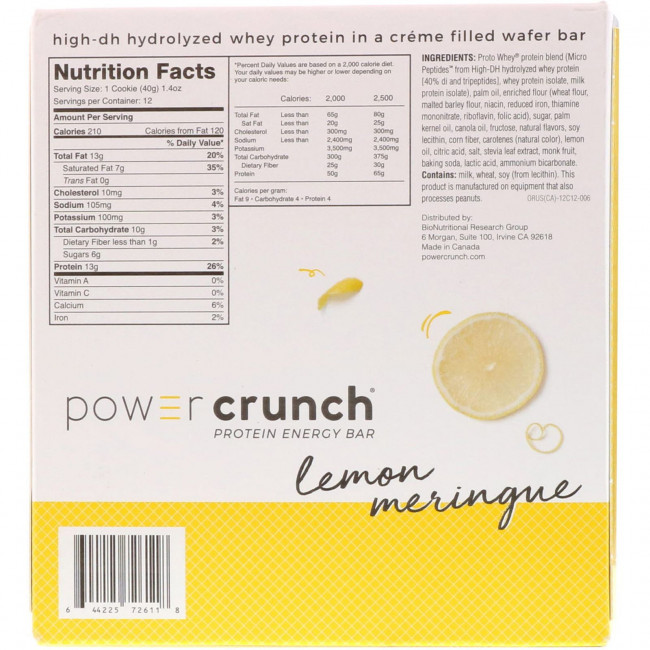 BNRG, Power Crunch, протеиновый энергетический батончик, лимонная меренга, 12 батончиков, 40 г (1,4 унции) каждый BNRG, Power Crunch, протеиновый энергетический батончик, лимонная меренга, 12 батончиков, 40 г (1,4 унции) каждый