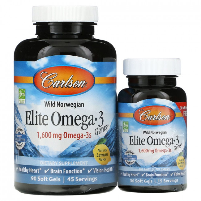 Carlson Labs, Wild Caught, Elite Omega-3 Gems, отборные омега-3 кислоты, натуральный лимонный вкус, 800 мг, 90 +30 мягких таблеток Carlson Labs, Wild Caught, Elite Omega-3 Gems, отборные омега-3 кислоты, натуральный лимонный вкус, 800 мг, 90 +30 мягких таблеток