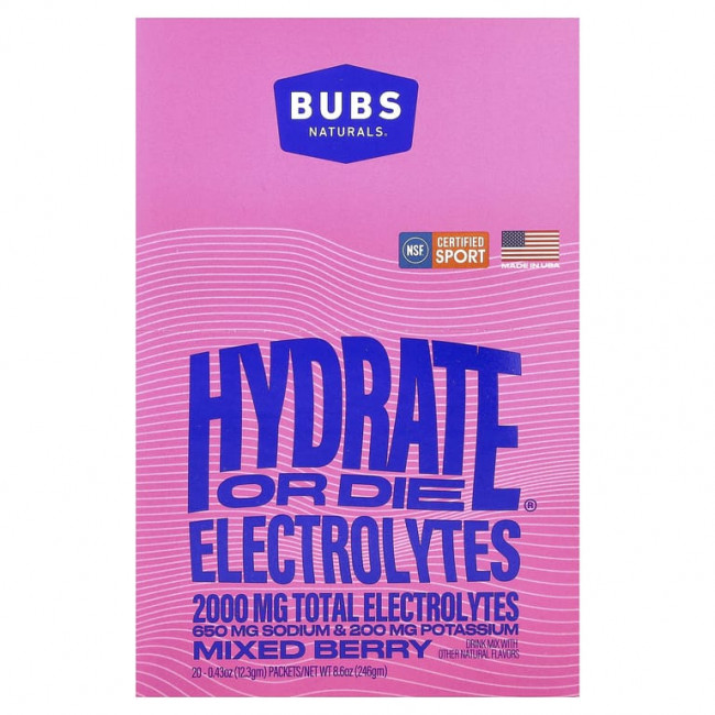 BUBS Naturals, Hydrate or Die®, смесь для приготовления электролитического напитка, со вкусом ягодного ассорти, 20 пакетиков по 12,3 г (0,43 унции) BUBS Naturals, Hydrate or Die®, смесь для приготовления электролитического напитка, со вкусом ягодного ассорти, 20 пакетиков по 12,3 г (0,43 унции)