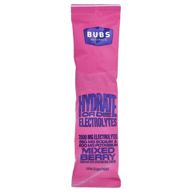 BUBS Naturals, Hydrate or Die®, смесь для приготовления электролитического напитка, со вкусом ягодного ассорти, 20 пакетиков по 12,3 г (0,43 унции) BUBS Naturals, Hydrate or Die®, смесь для приготовления электролитического напитка, со вкусом ягодного ассорти, 20 пакетиков по 12,3 г (0,43 унции)