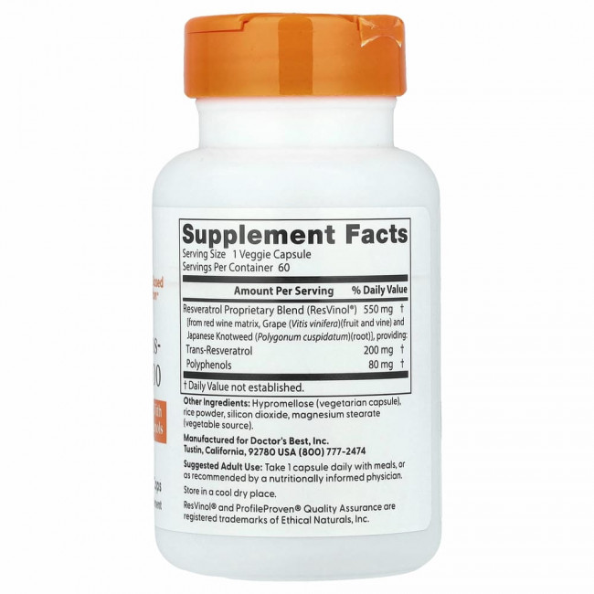 Doctor's Best, транс-ресвератрол 200 с Resvinol, 200 мг, 60 вегетарианских капсул Doctor's Best, транс-ресвератрол 200 с Resvinol, 200 мг, 60 вегетарианских капсул