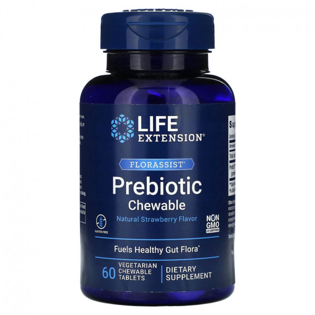 Life Extension, FLORASSIST Prebiotic Chewable, с натуральным клубничным вкусом, 60 жевательных таблеток Life Extension, FLORASSIST Prebiotic Chewable, с натуральным клубничным вкусом, 60 жевательных таблеток