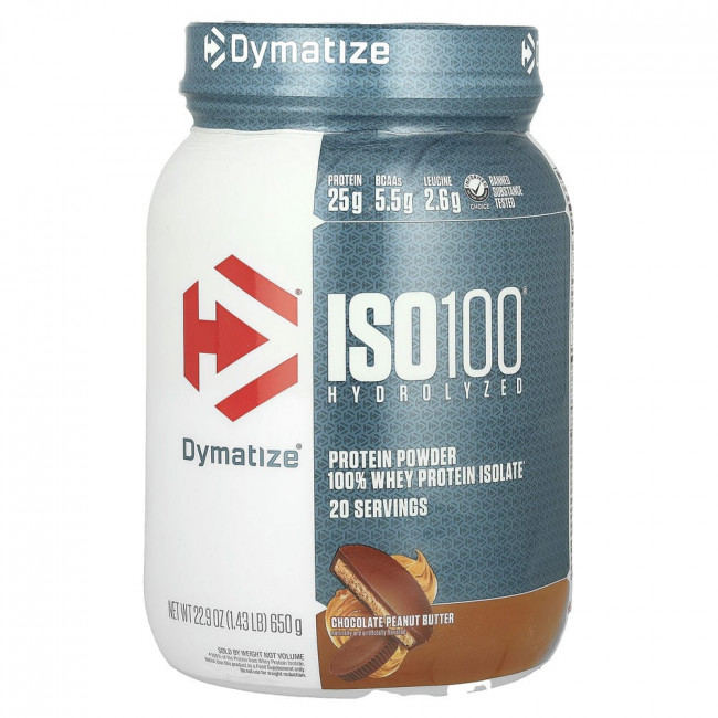 Dymatize, ISO100 Hydrolyzed, 100% Whey Protein Isolate, Chocolate Peanut Butter, 1.43 lb (650 g)