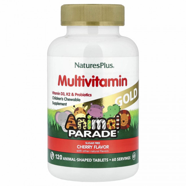 NaturesPlus, Source of Life, Animal Parade Gold, добавка для детей с мультивитаминами и микроэлементами, натуральный ароматизатор «Вишня», 120 таблеток в форме животных NaturesPlus, Source of Life, Animal Parade Gold, добавка для детей с мультивитаминами и микроэлементами, натуральный ароматизатор «Вишня», 120 таблеток в форме животных