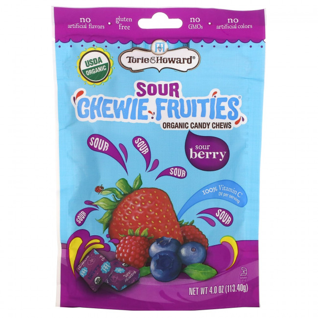 Torie & Howard, Sour Chewie Fruities, органические жевательные конфеты, с кислинкой, 113,40 г (4 унции) Torie & Howard, Sour Chewie Fruities, органические жевательные конфеты, с кислинкой, 113,40 г (4 унции)