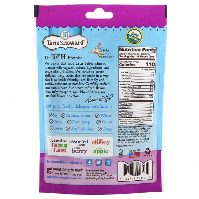 Torie & Howard, Sour Chewie Fruities, органические жевательные конфеты, с кислинкой, 113,40 г (4 унции) Torie & Howard, Sour Chewie Fruities, органические жевательные конфеты, с кислинкой, 113,40 г (4 унции)