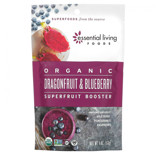 Essential Living Foods, смесь суперфруктов, питахайя и голубика, 113 г (4 унции) Essential Living Foods, смесь суперфруктов, питахайя и голубика, 113 г (4 унции)