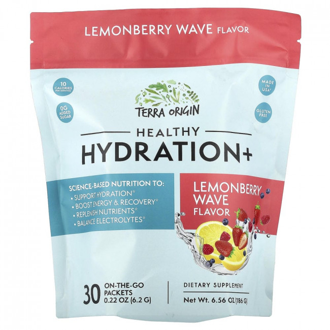 Terra Origin, Healthy Hydration+, Lemonberry Wave, 30 пакетиков для использования в дороге, по 6,2 г каждый. Terra Origin, Healthy Hydration+, Lemonberry Wave, 30 пакетиков для использования в дороге, по 6,2 г каждый.