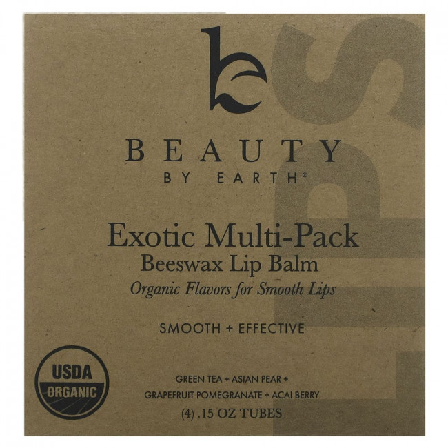 Beauty By Earth, экзотический бальзам для губ с пчелиным воском, зеленый чай + азиатская груша + грейпфрут и гранат + ягоды асаи, 4 тюбика по 0,15 унции