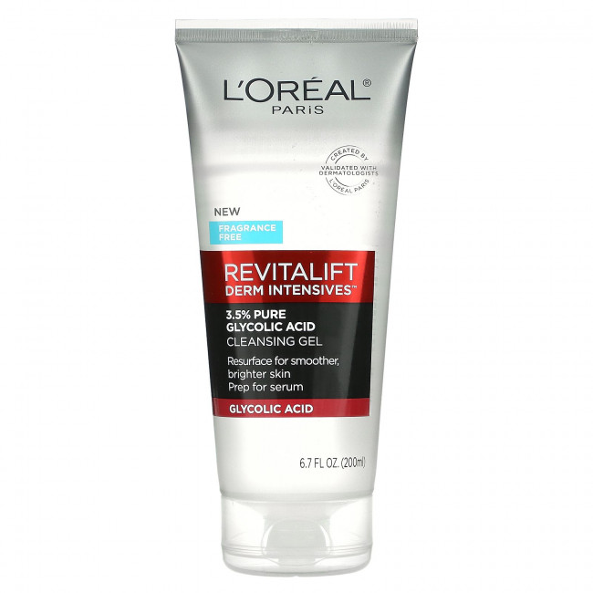 L'Oreal, Revitalift Derm Intensives, очищающий гель с 3,5% чистой гликолевой кислотой, без отдушек, 200 мл (6,7 жидк. Унции) L'Oreal, Revitalift Derm Intensives, очищающий гель с 3,5% чистой гликолевой кислотой, без отдушек, 200 мл (6,7 жидк. Унции)
