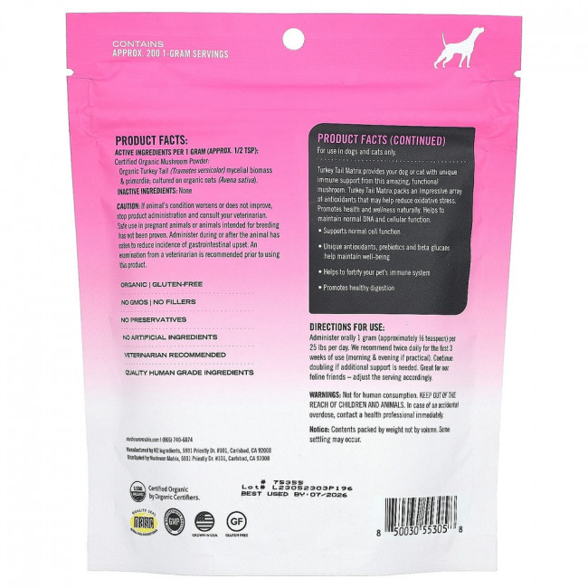 Mushroom Matrix Canine, Turkey Tail, Certified Organic Mushroom Powder, For 50 lb Pet, For Dogs and Cats, 7.1 oz (200 g)