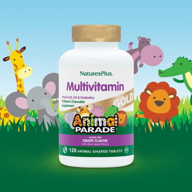 NaturesPlus, Source of Life, Animal Parade Gold, жевательная добавка для детей с мультивитаминами и минералами, натуральный ароматизатор со вкусом винограда, 120 таблеток в форме животных NaturesPlus, Source of Life, Animal Parade Gold, жевательная добавка для детей с мультивитаминами и минералами, натуральный ароматизатор со вкусом винограда, 120 таблеток в форме животных