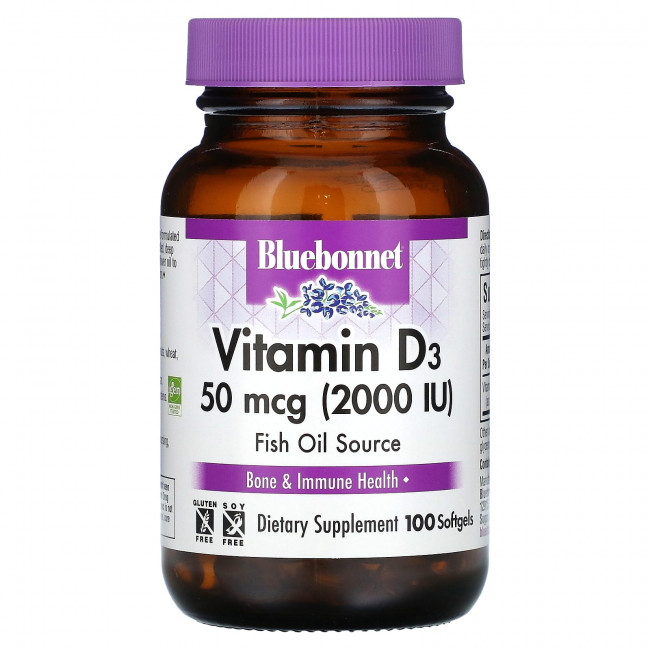 Bluebonnet Nutrition, Витамин D3, 50 мкг (2000 МЕ), 100 мягких таблеток Bluebonnet Nutrition, Витамин D3, 50 мкг (2000 МЕ), 100 мягких таблеток
