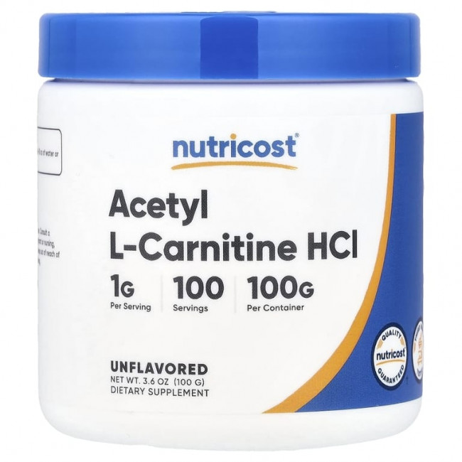 Nutricost, ацетил-L-карнитин гидрохлорид, без добавок, 100 г (3,6 унции)