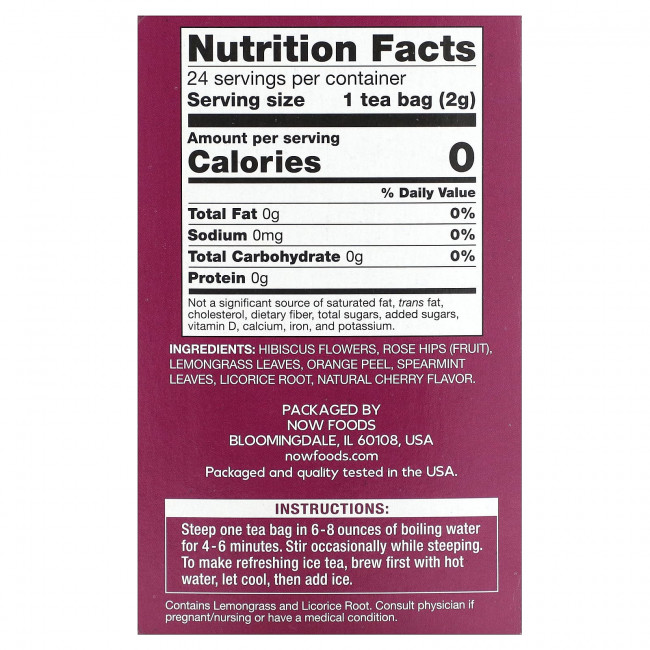 NOW Foods, Heavenly Hip Hibiscus, травяной чай с пуншем, без кофеина, 24 чайных пакетика, 48 г (1,7 унции) NOW Foods, Heavenly Hip Hibiscus, травяной чай с пуншем, без кофеина, 24 чайных пакетика, 48 г (1,7 унции)