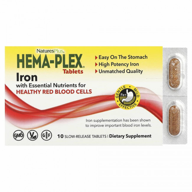 NaturesPlus, Hema-Plex, железо с незаменимыми питательными веществами для здоровых эритроцитов, 10 таблеток с замедленным высвобождением NaturesPlus, Hema-Plex, железо с незаменимыми питательными веществами для здоровых эритроцитов, 10 таблеток с замедленным высвобождением