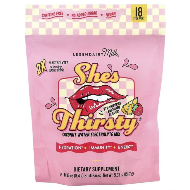 Legendairy Milk, She's Thirsty®, смесь электролитов с кокосовой водой, клубника и лимон, 18 пакетиков по 8,4 г (0,30 унции) (Товар снят с продажи)