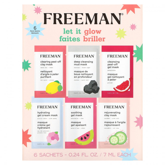 Freeman Beauty, Let it Glow, косметические маски для лица, разнообразная упаковка, 6 пакетиков по 7 мл (0,24 жидк. Унции) Freeman Beauty, Let it Glow, косметические маски для лица, разнообразная упаковка, 6 пакетиков по 7 мл (0,24 жидк. Унции)