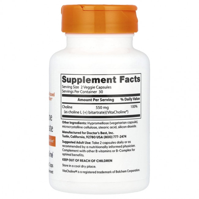 Doctor's Best, L-битартрат холина, 550 мг, 60 растительных капсул (275 мг в 1 капсуле) Doctor's Best, L-битартрат холина, 550 мг, 60 растительных капсул (275 мг в 1 капсуле)