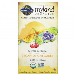 Garden of Life, MyKind Organics, веганский витамин D3, со вкусом малины и лимона, 2000 МЕ, 30 вегетарианских жевательных таблеток Garden of Life, MyKind Organics, веганский витамин D3, со вкусом малины и лимона, 2000 МЕ, 30 вегетарианских жевательных таблеток