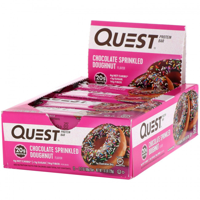 Quest Nutrition, Протеиновый батончик, донат с шоколадной глазурью и посыпкой, 12 батончиков, 60 г (2,12 унции) каждый Quest Nutrition, Протеиновый батончик, донат с шоколадной глазурью и посыпкой, 12 батончиков, 60 г (2,12 унции) каждый