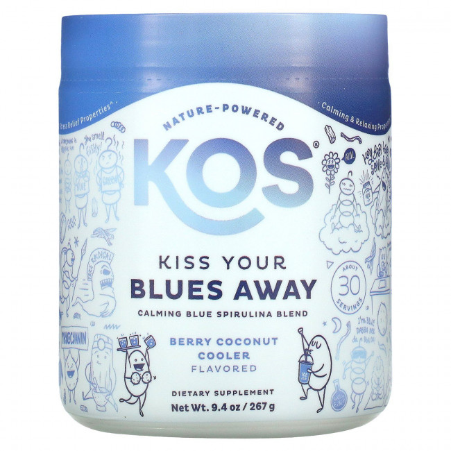 KOS, Kiss Your Blues Away, успокаивающая смесь синей спирулины, ягодно-кокосовый орех, 267 г (9,4 унции) KOS, Kiss Your Blues Away, успокаивающая смесь синей спирулины, ягодно-кокосовый орех, 267 г (9,4 унции)