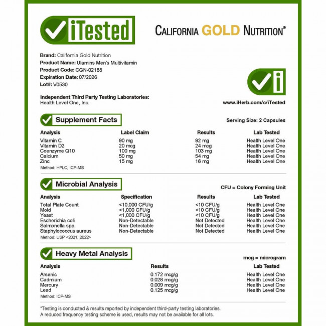 California Gold Nutrition, Ultamins, мультивитаминный комплекс для мужчин, с коэнзимом Q10, грибами, ферментами, овощами и ягодами, 60 растительных капсул