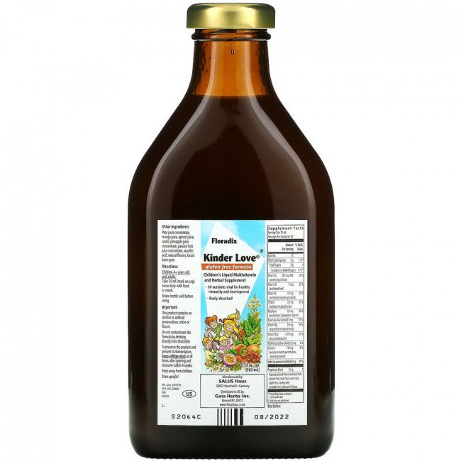 Gaia Herbs, Floradix, Kinder Love, жидкая мультивитаминная и травяная добавка для детей, без глютена, 500 мл (17 жидк. Унций) Gaia Herbs, Floradix, Kinder Love, жидкая мультивитаминная и травяная добавка для детей, без глютена, 500 мл (17 жидк. Унций)