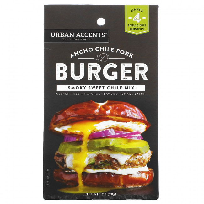 Urban Accents, Ancho Chile Pork Burger, смесь Smoky Sweet Chile, 28 г (1 унция) Urban Accents, Ancho Chile Pork Burger, смесь Smoky Sweet Chile, 28 г (1 унция)