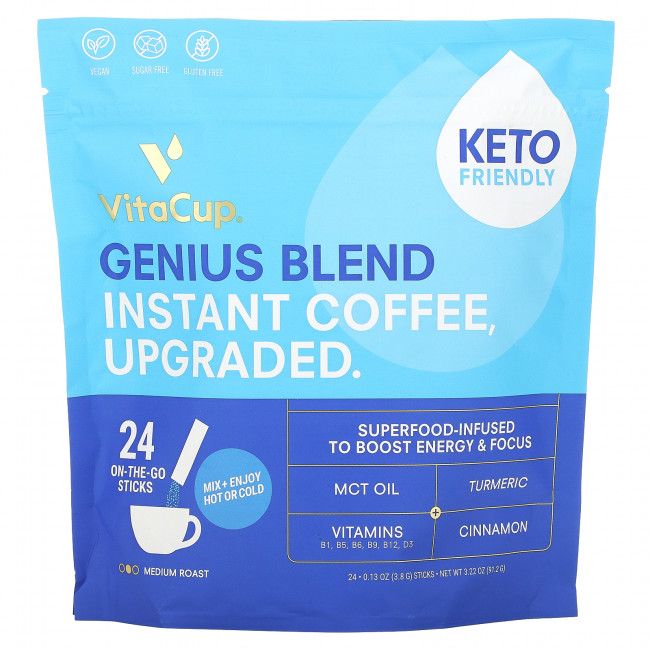 VitaCup, Genius Blend, растворимый кофе, средней обжарки, 24 палочки для еды, по 3,8 г (0,13 унции) каждая VitaCup, Genius Blend, растворимый кофе, средней обжарки, 24 палочки для еды, по 3,8 г (0,13 унции) каждая