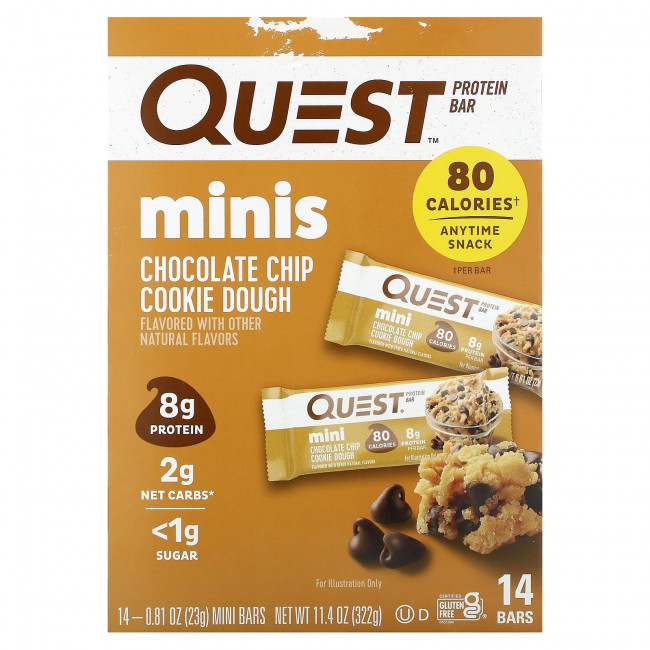 Quest Nutrition, Protein Bar, Minis, тесто с шоколадной крошкой для печенья, 14 батончиков, 23 г (0,81 унции) Quest Nutrition, Protein Bar, Minis, тесто с шоколадной крошкой для печенья, 14 батончиков, 23 г (0,81 унции)