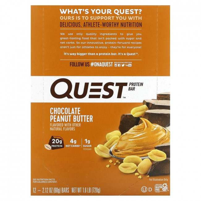 Quest Nutrition, протеиновый батончик, с шоколадно-арахисовым маслом, 12 батончиков, весом 60 г (2,12 унции) каждый Quest Nutrition, протеиновый батончик, с шоколадно-арахисовым маслом, 12 батончиков, весом 60 г (2,12 унции) каждый