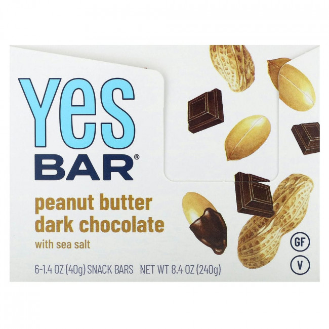Yes Bar, батончик-снек, темный шоколад с арахисовой пастой и морской солью, 6 батончиков по 40 г (1,4 унции)