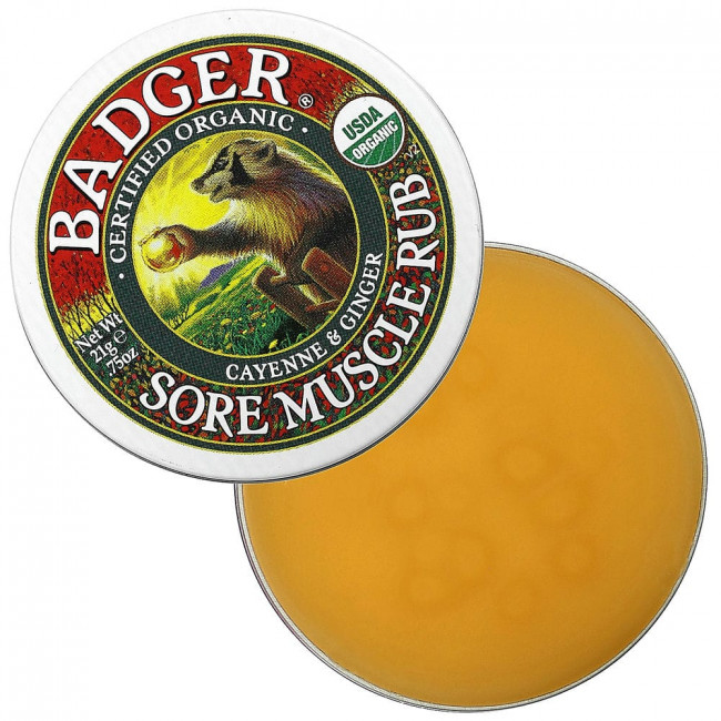 Badger Company, Sore Muscle Rub, мазь от боли в мышцах с кайенским перцем и имбирем, 21 г (0,75 унции) Badger Company, Sore Muscle Rub, мазь от боли в мышцах с кайенским перцем и имбирем, 21 г (0,75 унции)