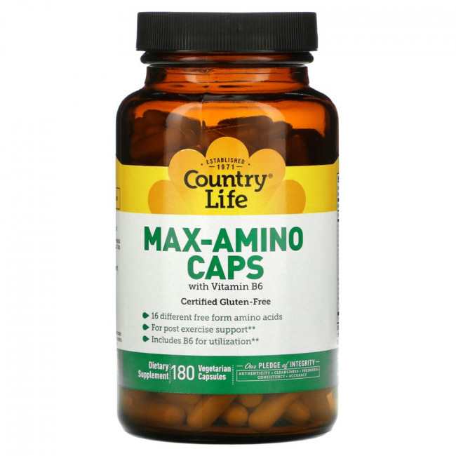 Country Life, Max-Amino Caps, с витамином B-6, 180 вегетарианских капсул Country Life, Max-Amino Caps, с витамином B-6, 180 вегетарианских капсул