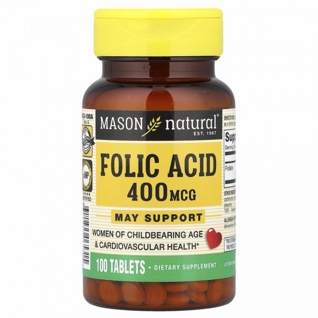 Mason Natural, фолиевая кислота, 400 мкг, 100 таблеток