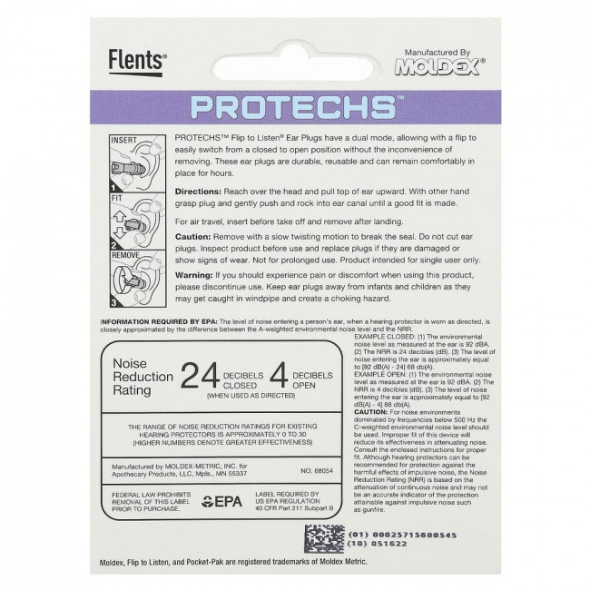 Flents, Protechs, беруши, компактные, 1 пара в футляре