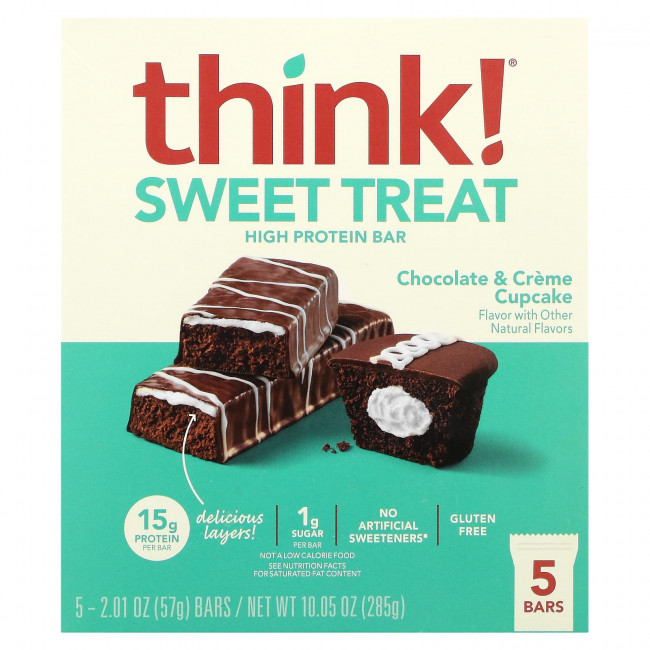 Think !, Sweet Treat, батончик с высоким содержанием протеина, кекс с шоколадом и кремом, 5 батончиков, 57 г (2,01 унции) Think !, Sweet Treat, батончик с высоким содержанием протеина, кекс с шоколадом и кремом, 5 батончиков, 57 г (2,01 унции)